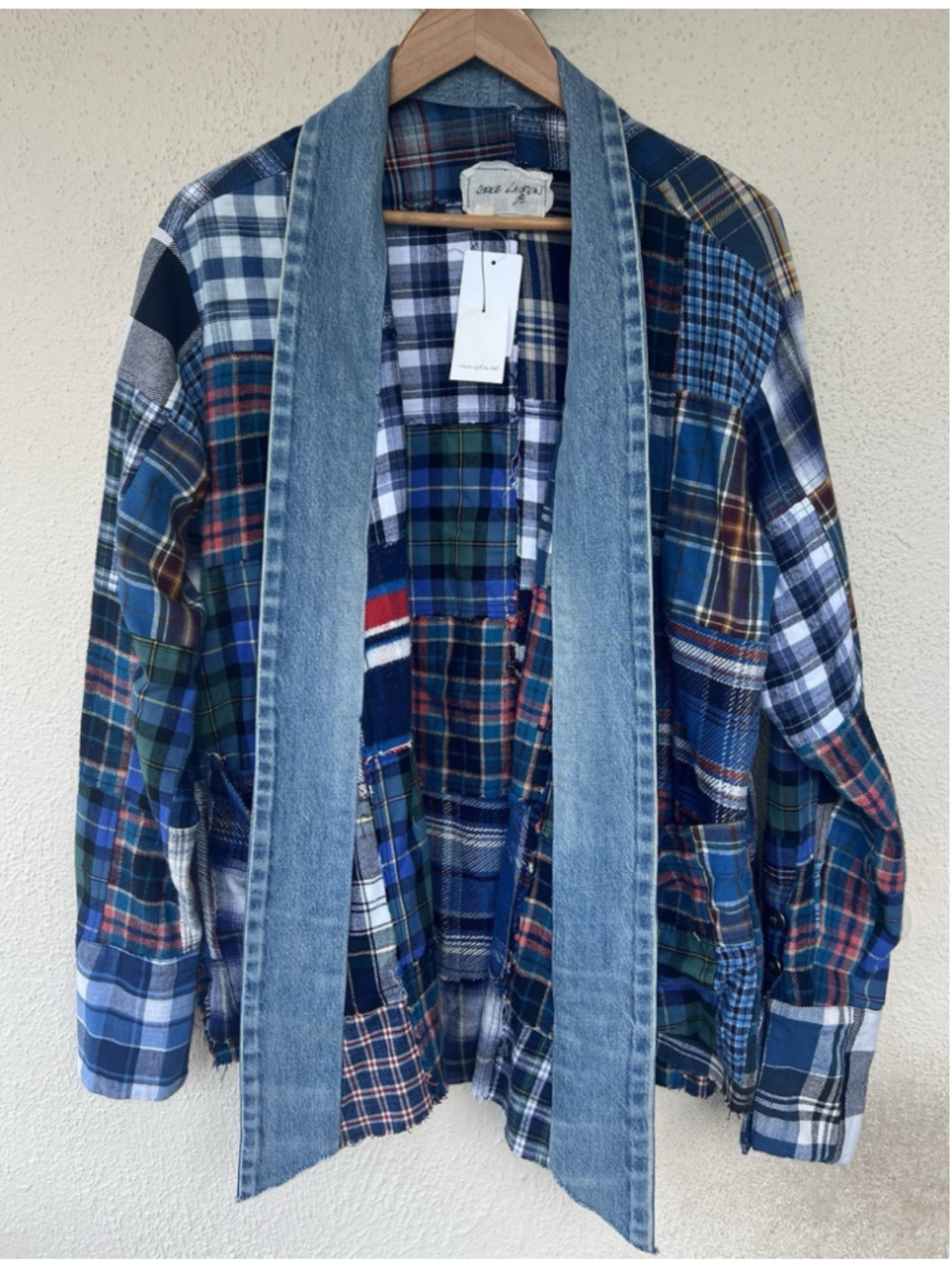 NEW $1700 Greg Lauren Blue Plaid Scrapework GU Kimono Jacket Men’s Size 3 Large
